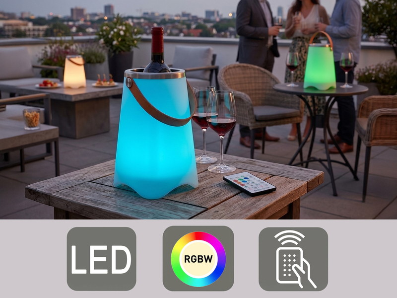 Akku Tischlampe CALLOON mit RGBW, Bluetooth Lautsprecher & Weinkühler, Höhe 38cm