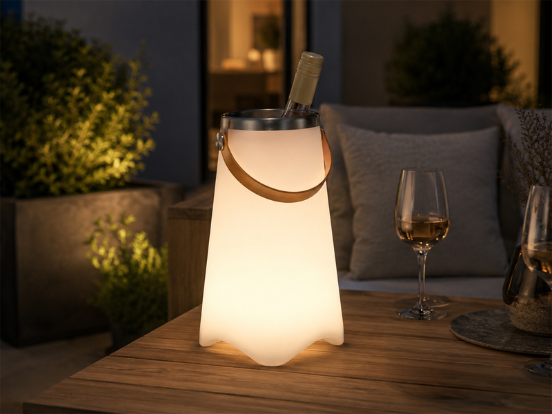 Tischlampe mit Sektkühler, Bluetooth Lautsprecher & Farbwechsel