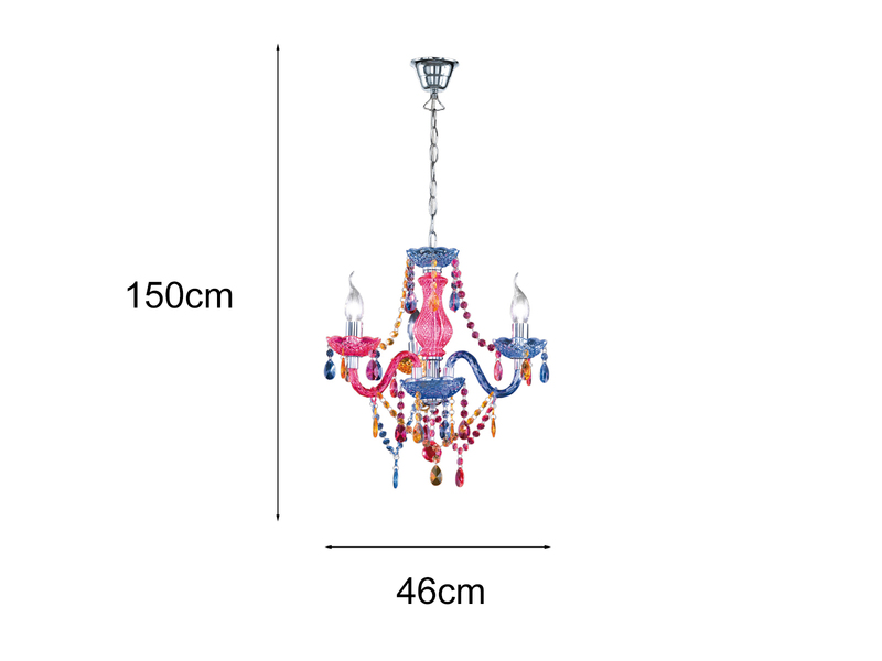 Kronleuchter LÜSTER 3-flammig Silber mit Acryl Kristall bunt Ø 46cm