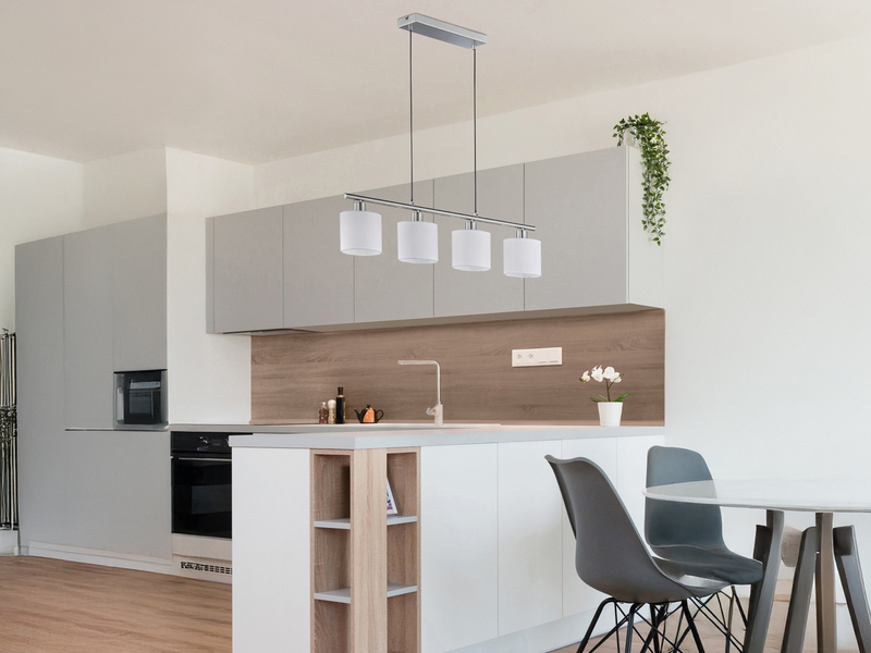 Pendelleuchte TOMMY 4-flammig Lampenschirme Stoff Weiß, Breite 75cm