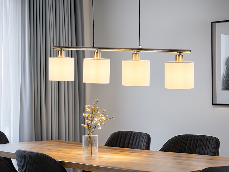 Pendelleuchte TOMMY 4-flammig Lampenschirme Stoff Weiß, Breite 75cm
