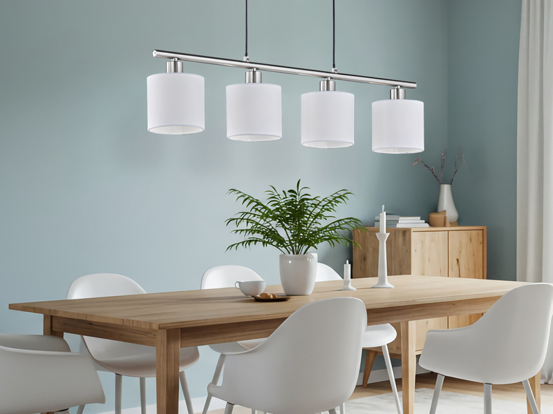 Pendelleuchte TOMMY 4-flammig Lampenschirme Stoff Weiß, Breite 75cm