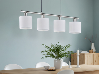 Pendelleuchte TOMMY 4-flammig E14 Lampenschirme Stoff Weiß, Breite 75cm