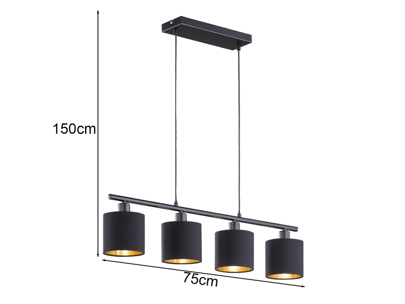 Pendelleuchte TOMMY 4-flammig E14 Stoffschirme Schwarz Gold, Breite 75cm