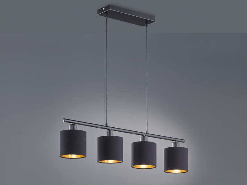Pendelleuchte TOMMY 4-flammig E14 Stoffschirme Schwarz Gold, Breite 75cm