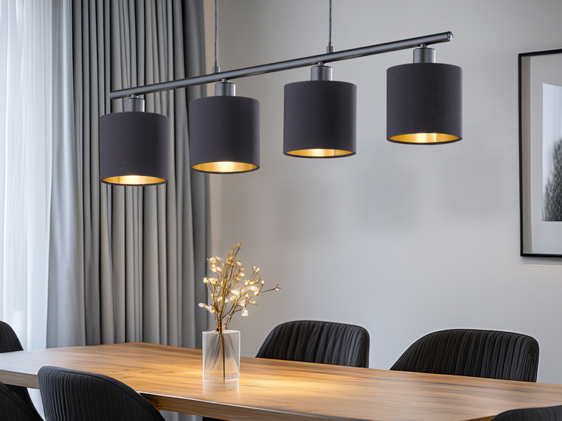 Pendelleuchte TOMMY 4-flammig E14 Stoffschirme Schwarz Gold, Breite 75cm