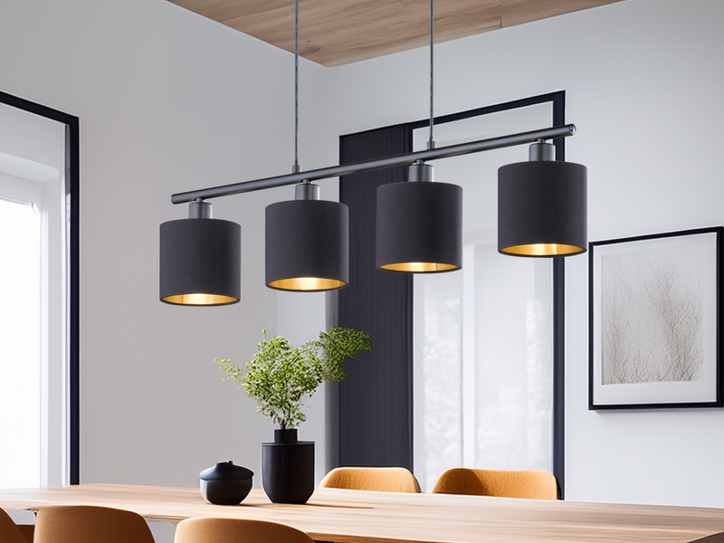 Pendelleuchte TOMMY 4-flammig E14 Stoffschirme Schwarz Gold, Breite 75cm