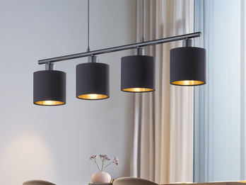 Pendelleuchte TOMMY 4-flammig E14 Stoffschirme Schwarz Gold, Breite 75cm