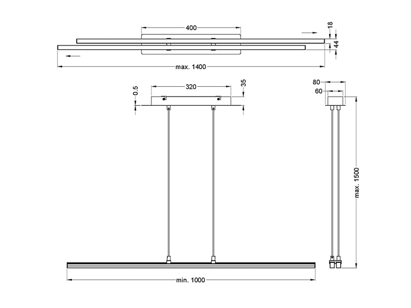 Schmale LED Pendelleuchte SPREAD Silber Chrom lang ausziehbar, Breite 100-140cm