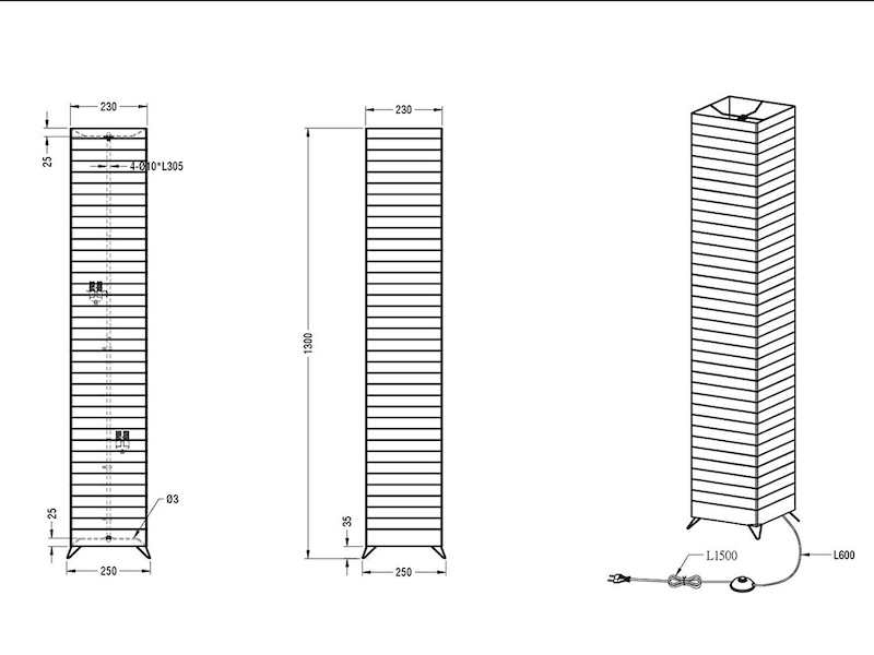 Stehleuchte BAMBOO aus Papier, Lichtsäule eckig in Weiß, Höhe 130cm