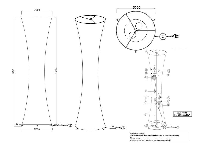 Stehleuchte Lichtsäule aus Stoff GRAVIS rund Zylinder 123cm Ø35cm in Weiß