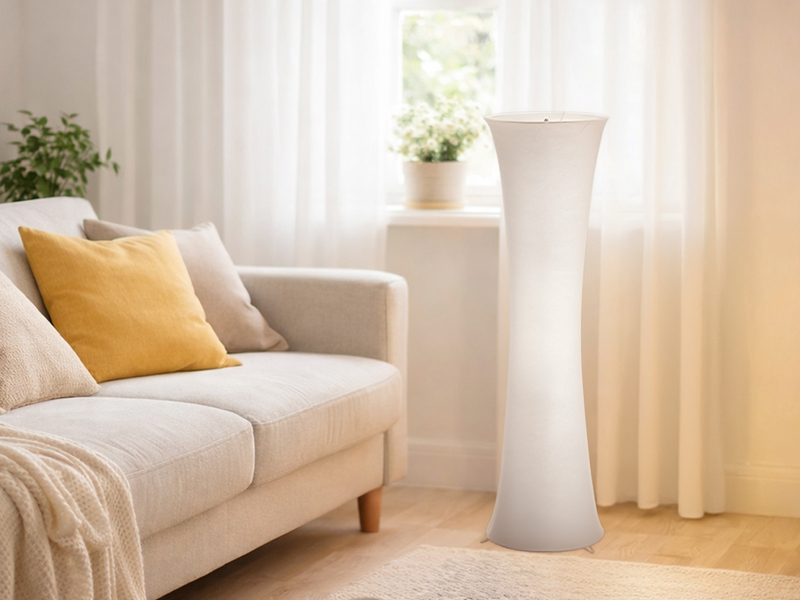 Kleine Stehlampe GRAVIS Lichtsäule rund aus Stoff in Weiß, Höhe 123cm