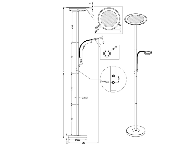 Moderner LED Deckenfluter ACKBAR dimmbar, mit Leselampe, Höhe 182cm