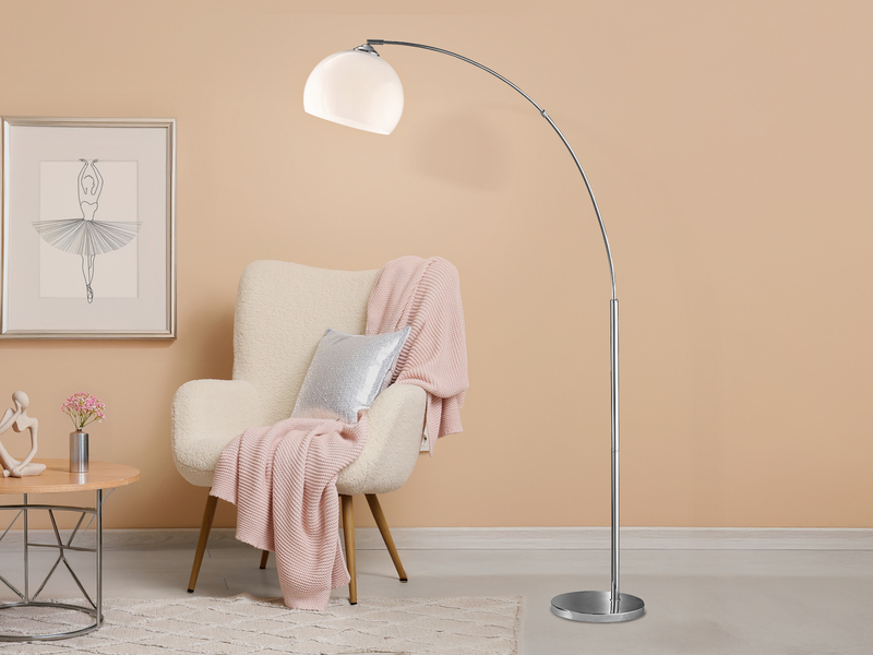 Bogenlampe Designklassiker BRASILIA Silber Chrom mit Acrylschirm, Höhe 180cm