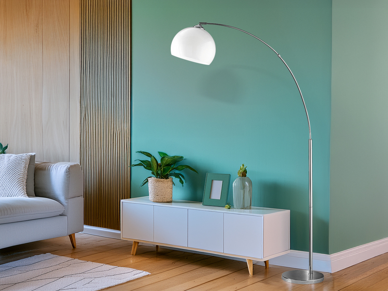 Bogenlampe Designklassiker BRASILIA Silber Chrom mit Acrylschirm, Höhe 180cm