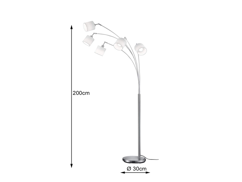 Stehlampe TOMMY gebogen 5-flammig Metall Silber & Stoffschirme Weiß, Höhe 200cm