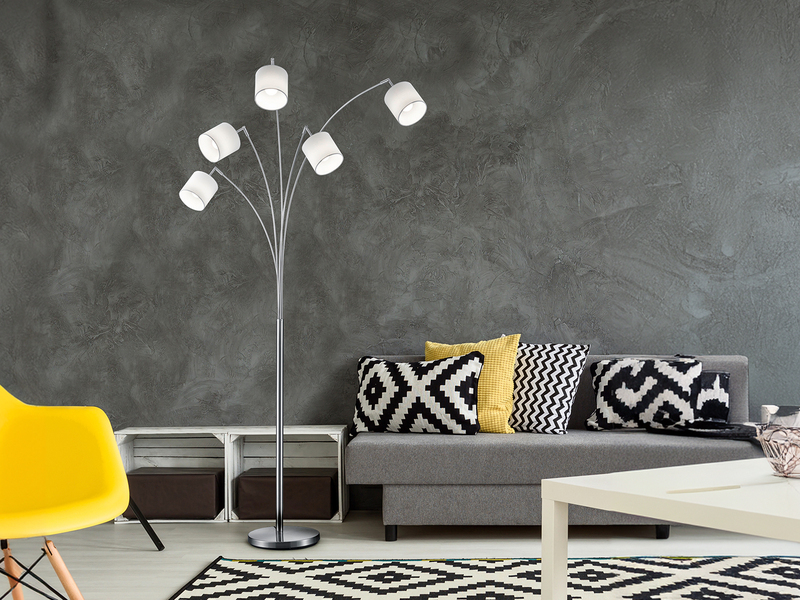 Stehlampe TOMMY gebogen 5-flammig Metall Silber & Stoffschirme Weiß, Höhe 200cm