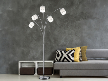 Stehlampe TOMMY gebogen 5-flammig Metall Silber & Stoffschirme Weiß, Höhe 200cm