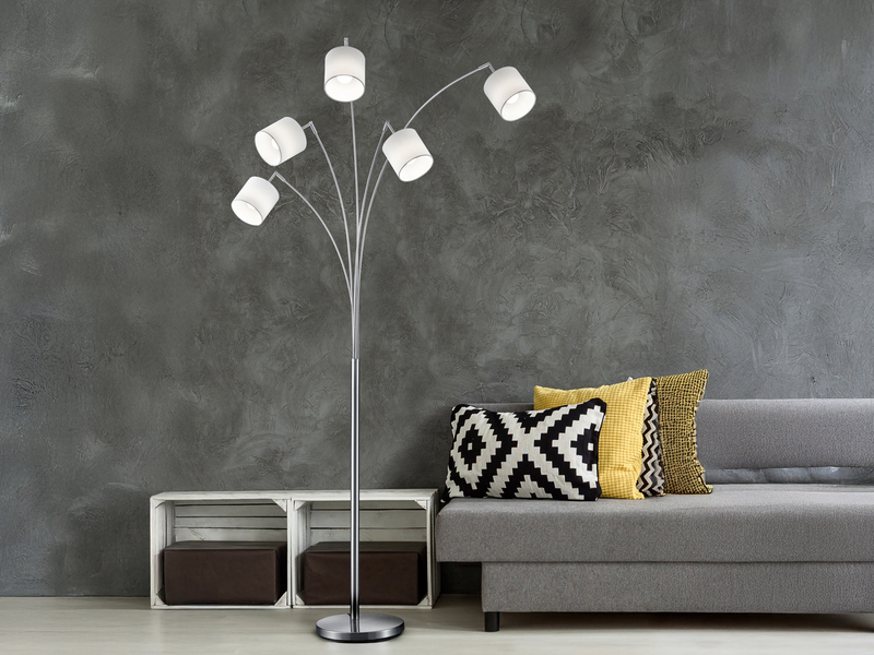 Stehlampe TOMMY gebogen 5-flammig Metall Silber & Stoffschirme Weiß, Höhe 200cm