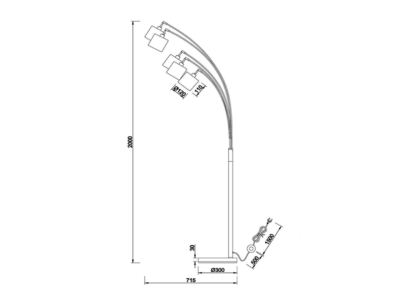 Stehlampe TOMMY gebogen 5-flammig Stoffschirme Schwarz Gold, Höhe 200cm