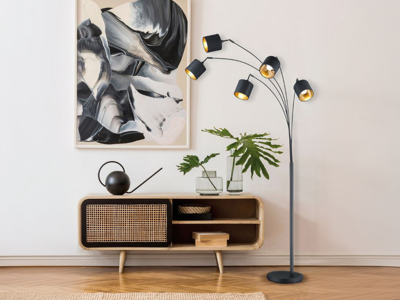 Stehlampe TOMMY gebogen 5-flammig Stoffschirme Schwarz Gold, Höhe 200cm