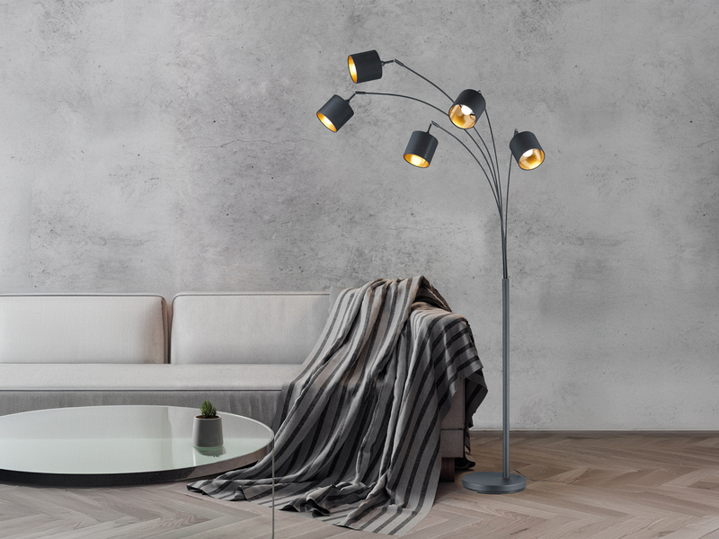 Stehlampe TOMMY gebogen 5-flammig Stoffschirme Schwarz Gold, Höhe 200cm