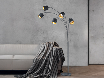 Stehlampe TOMMY gebogen 5-flammig Stoffschirme Schwarz Gold, Höhe 200cm