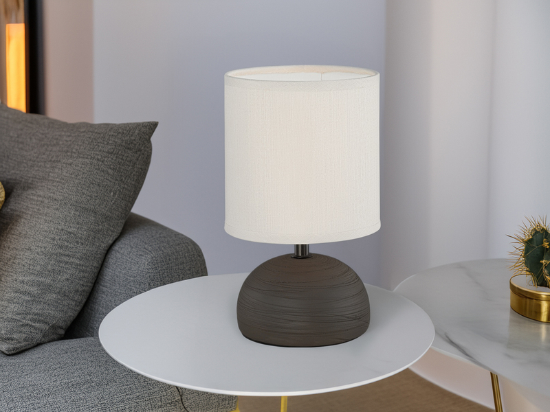 Kleine Tischleuchte LUCI mit Keramikfuß Braun & Stoffschirm, Höhe 23cm