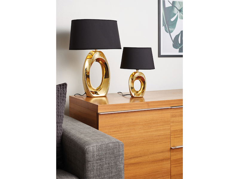 Tischlampe TABA Keramik Gold mit E14 Stoffschirm Schwarz, Höhe 33cm