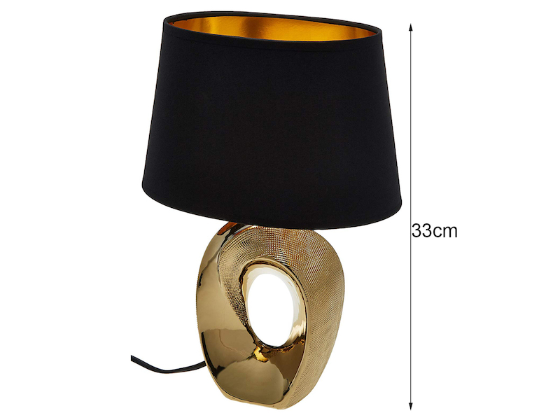 Tischlampe TABA Keramik Gold mit E14 Stoffschirm Schwarz, Höhe 33cm
