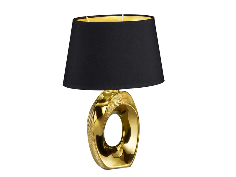 Tischlampe TABA Keramik Gold mit E14 Stoffschirm Schwarz, Höhe 33cm