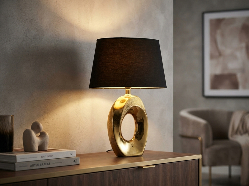 Tischlampe TABA Keramik Gold mit E14 Stoffschirm Schwarz, Höhe 33cm