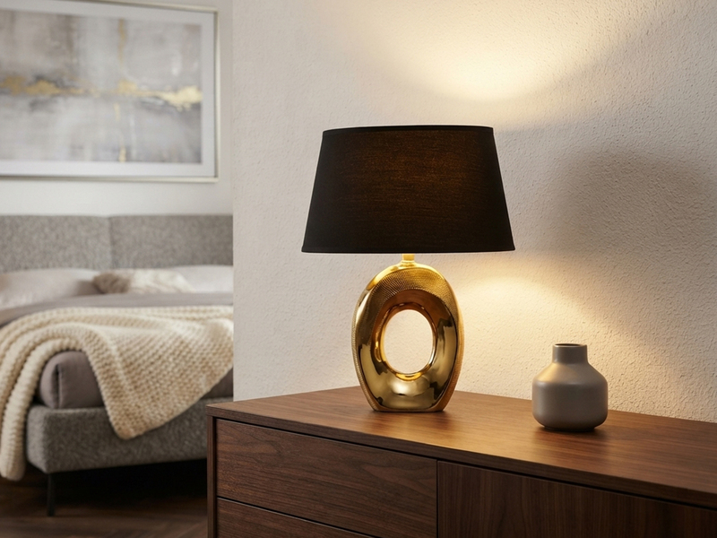 Tischlampe TABA Keramik Gold mit E14 Stoffschirm Schwarz, Höhe 33cm
