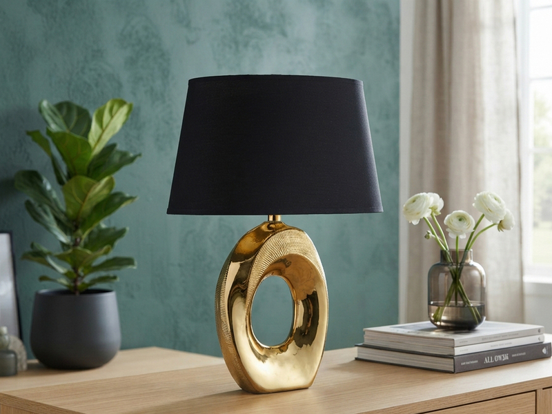 Tischlampe TABA Keramik Gold mit E14 Stoffschirm Schwarz, Höhe 33cm