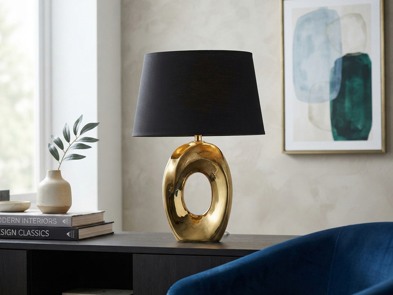 Tischlampe TABA Keramik Gold mit E14 Stoffschirm Schwarz, Höhe 33cm