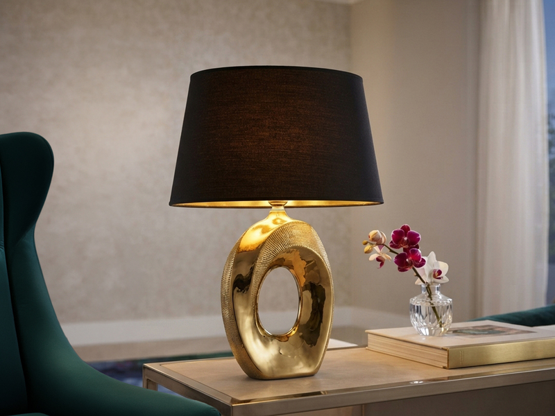 Tischlampe TABA Keramik Gold mit E14 Stoffschirm Schwarz, Höhe 33cm