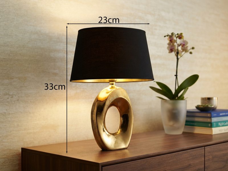 Tischlampe TABA Keramik Gold mit E14 Stoffschirm Schwarz, Höhe 33cm