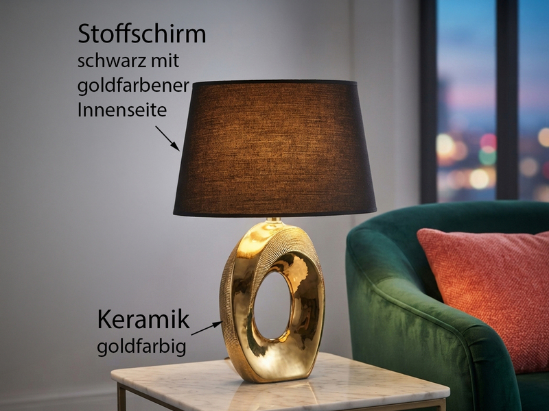 Tischlampe TABA Keramik Gold mit E14 Stoffschirm Schwarz, Höhe 33cm