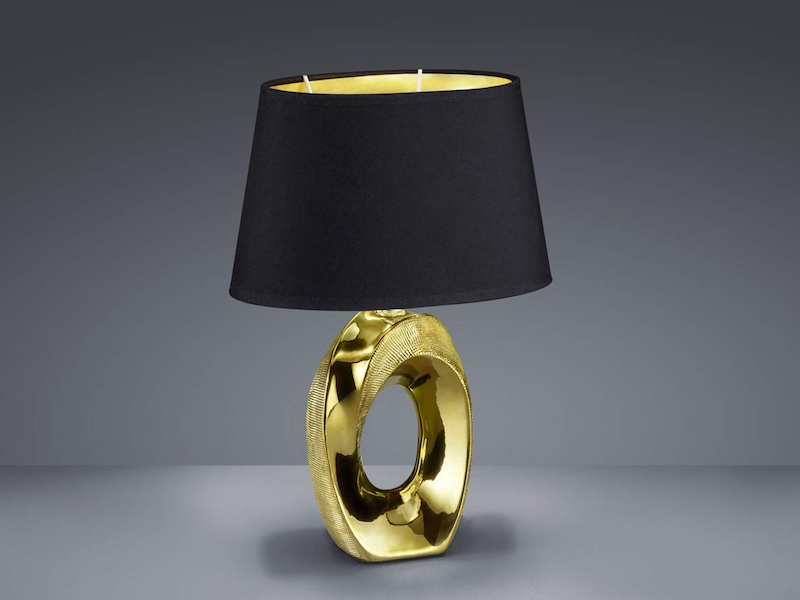 Tischlampe TABA Keramik Gold mit E14 Stoffschirm Schwarz, Höhe 33cm