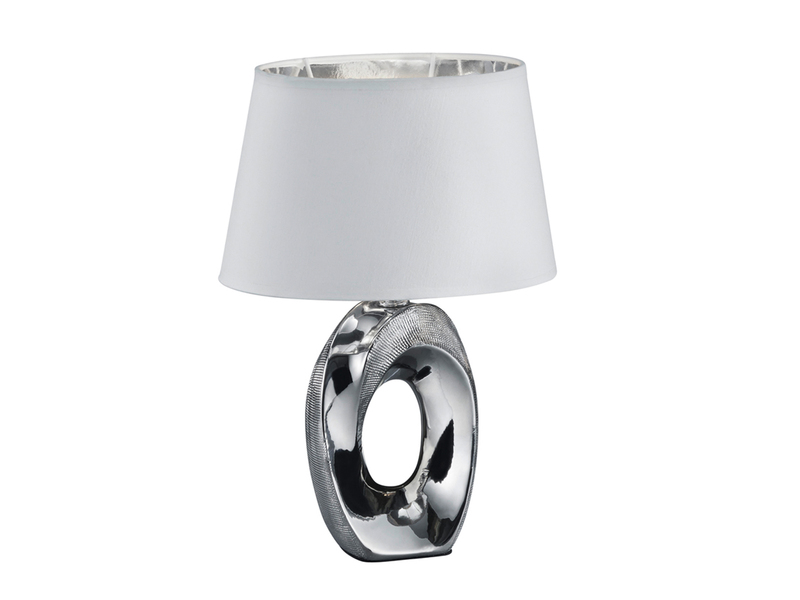 Tischlampe TABA Keramik Silber mit E14 Stoffschirm Weiß, Höhe 33cm
