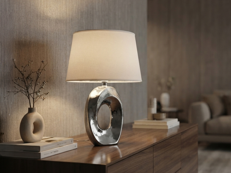 Tischlampe TABA Keramik Silber mit E14 Stoffschirm Weiß, Höhe 33cm