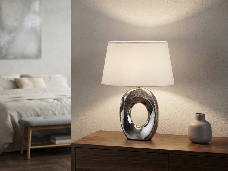 Tischlampe TABA Keramik Silber mit E14 Stoffschirm Weiß, Höhe 33cm