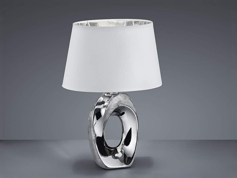 Tischlampe TABA Keramik Silber mit E14 Stoffschirm Weiß, Höhe 33cm