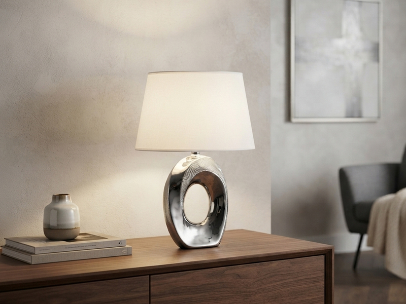 Tischlampe TABA Keramik Silber mit E14 Stoffschirm Weiß, Höhe 33cm