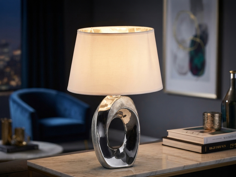 Tischlampe TABA Keramik Silber mit E14 Stoffschirm Weiß, Höhe 33cm