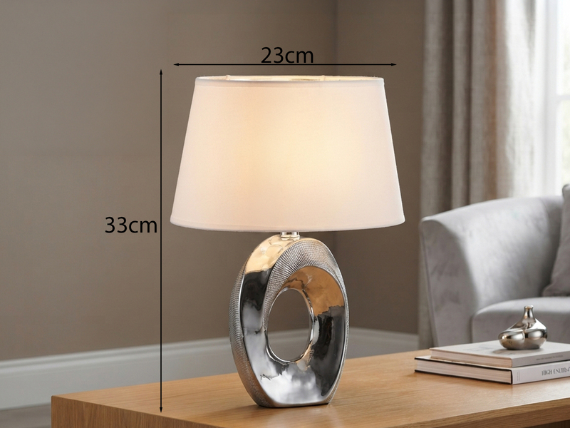 Tischlampe TABA Keramik Silber mit E14 Stoffschirm Weiß, Höhe 33cm