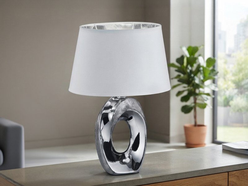 Tischlampe TABA Keramik Silber mit E14 Stoffschirm Weiß, Höhe 33cm