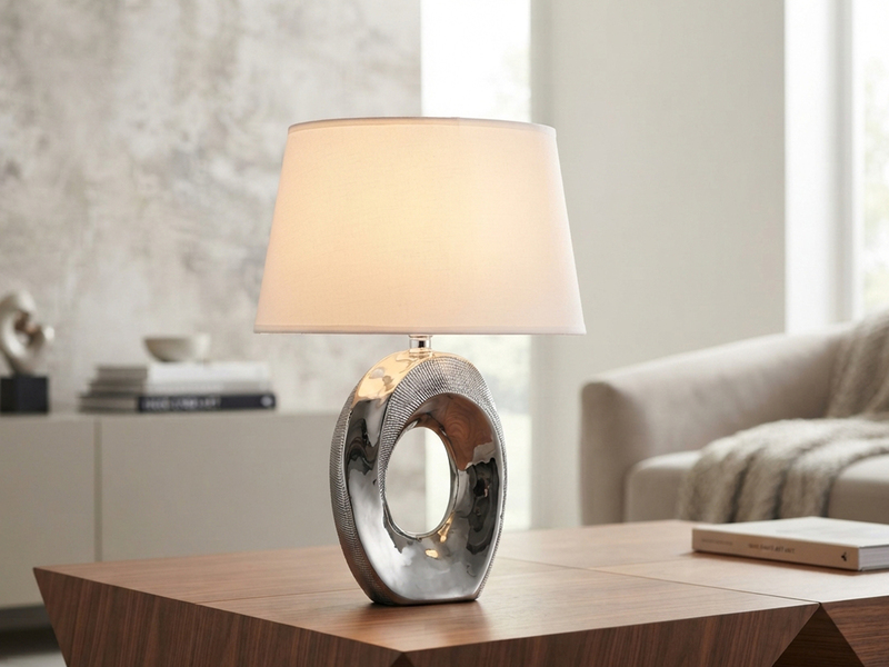 Tischlampe TABA Keramik Silber mit E14 Stoffschirm Weiß, Höhe 33cm