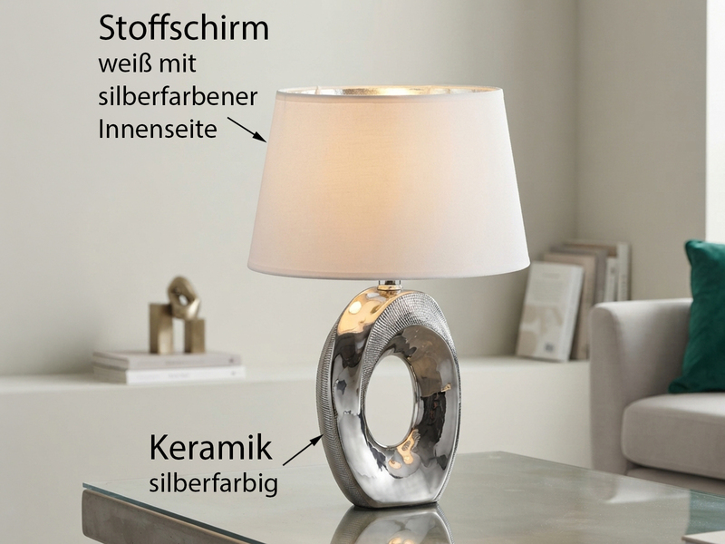 Tischlampe TABA Keramik Silber mit E14 Stoffschirm Weiß, Höhe 33cm