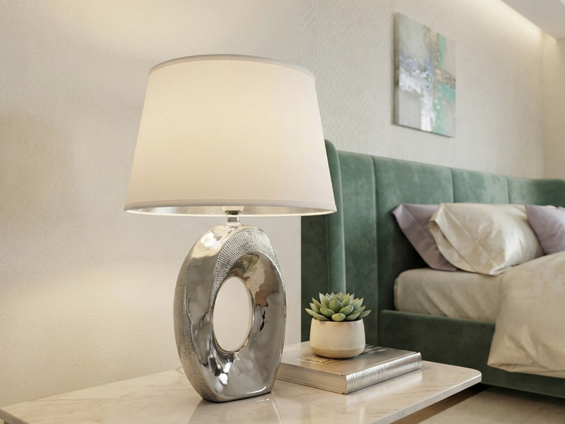 Tischlampe TABA Keramik Silber mit E14 Stoffschirm Weiß, Höhe 33cm